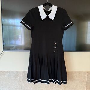 Sandro Black and White A-Line Mini Dress with Cuffed Sleeves